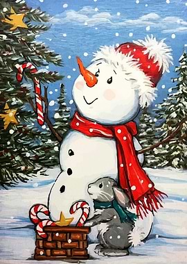 Winter Snowman and Rabbit Painting