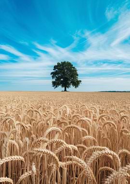 Wheat Field with Tree Under Blue Sky