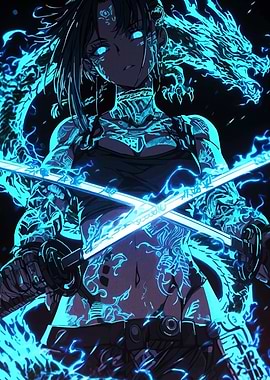 Anime Warrior with Dragon and Swords