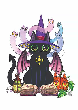 Halloween Cat Witch with Ghosts
