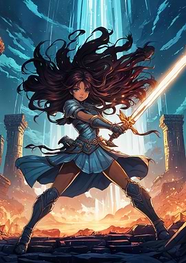 Female Warrior with Sword in Fantasy Setting