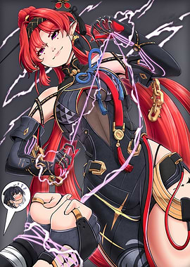 Anime Girl with Red Hair and Lightning
