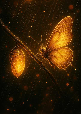 Golden Butterfly and Chrysalis in Rain