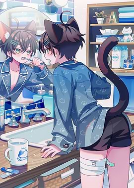 Anime Cat Boy Brushing Teeth
