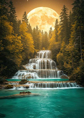 Majestic Waterfall Under a Golden Moon