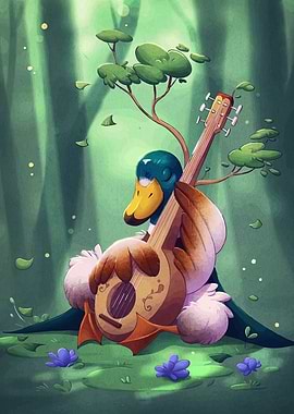 Duck playing a lute in forest