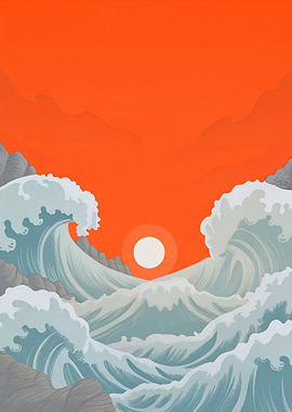 Stylized Ocean Waves at Sunset