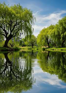 Willow Trees Reflected in Pond