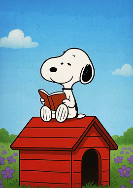 Snoopy reading on doghouse
