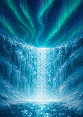 Fantasy Frozen Waterfall with Aurora Borealis