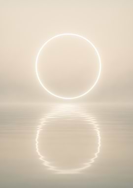 Minimal Glowing Circle Over Calm Water reflection