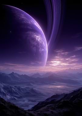 Purple Planet with Rings over Mountains