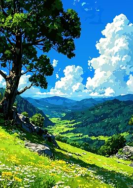 Lush Green Valley Landscape with Blue Sky