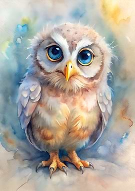 Watercolor Owl Portrait with Big Eyes