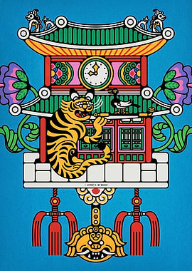 Tiger in Asian-Inspired Structure Illustration
