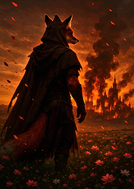 Fox warrior in a burning landscape