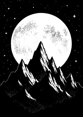 Monochrome Mountain Landscape with Full Moon