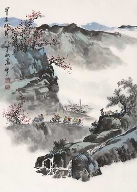 Chinese Landscape Painting with Cyclists