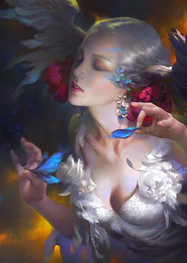 Dreamy Angel with Flowers and Feathers