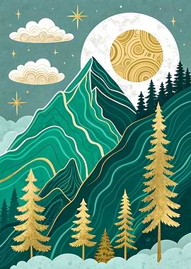 Emerald Geometric Mountain Art Print Moonlit Sky