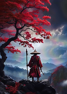 Red-Clad Figure Under Autumn Tree