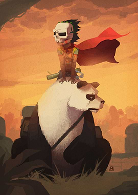 Boy with Skull Mask Riding Panda