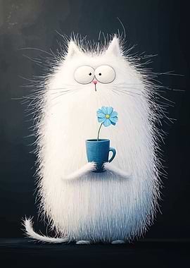 Fluffy White Cat with Blue Flower