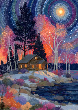 Cabin under a starry night sky
