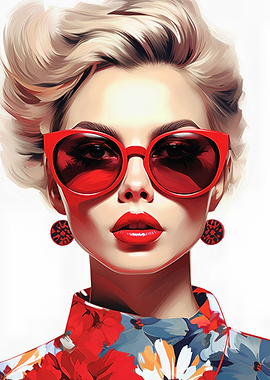 Woman with Red Sunglasses and Floral Top