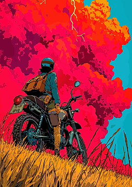 Motorcycle Rider with Stormy Sky