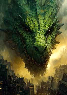 Green Dragon Over Cityscape