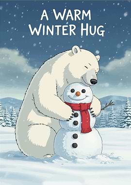 Polar Bear Hugging Snowman in Winter