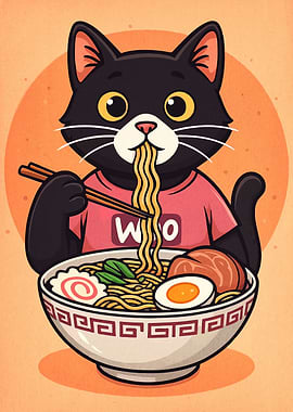 Cat eating ramen cartoon illustration