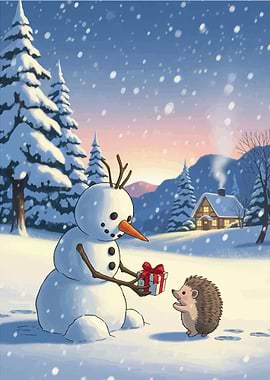 Snowman giving gift to hedgehog