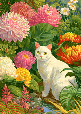 White Cat in Floral Garden Painting