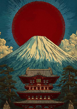 Mount Fuji and Temple Illustration