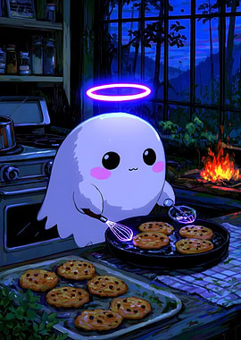 Cute Ghost Baking Cookies Illustration