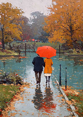 Couple Walking in Autumn Rain Painting