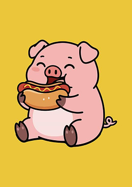 Happy Pig Eating Hotdog Cartoon
