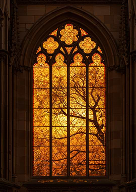 Stained Glass Window with Tree Silhouette