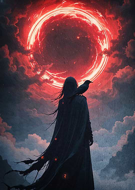 Mystical Figure Raven Red Circle