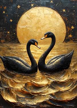 Black Swans Under Golden Moon Painting
