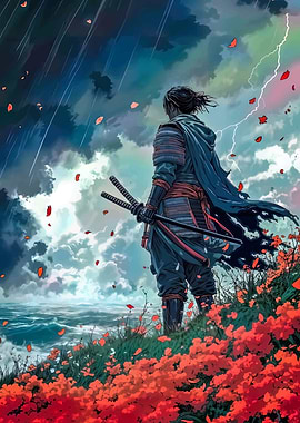 Samurai in Storm with Red Flowers