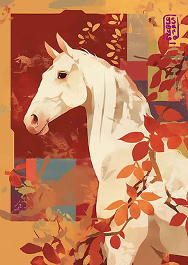 White Horse with Autumn Leaves Art