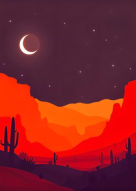 Desert Night Landscape with Moon