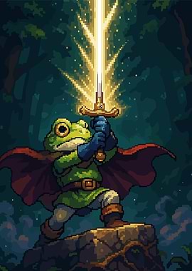 Frog Warrior with Glowing Sword Pixel Art