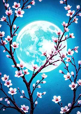 Cherry Blossoms Moonlit Night