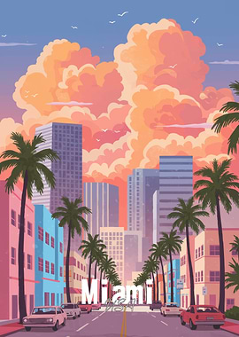 Miami USA Cityscape with Palm Trees