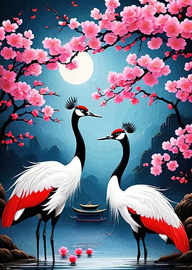 Cranes Cherry Blossoms Landscape