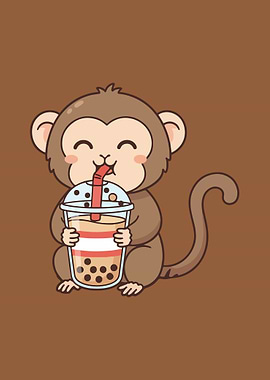 Cute Monkey Drinking Bubble Tea Cartoon